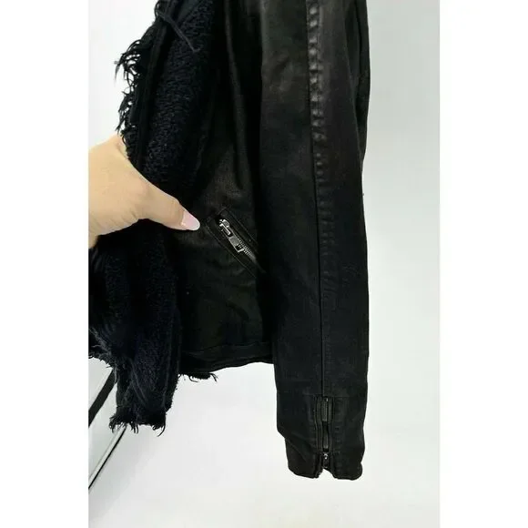 Free People Black Moto Jacket Coat Size 2 Front Drape Coated Denim Jean